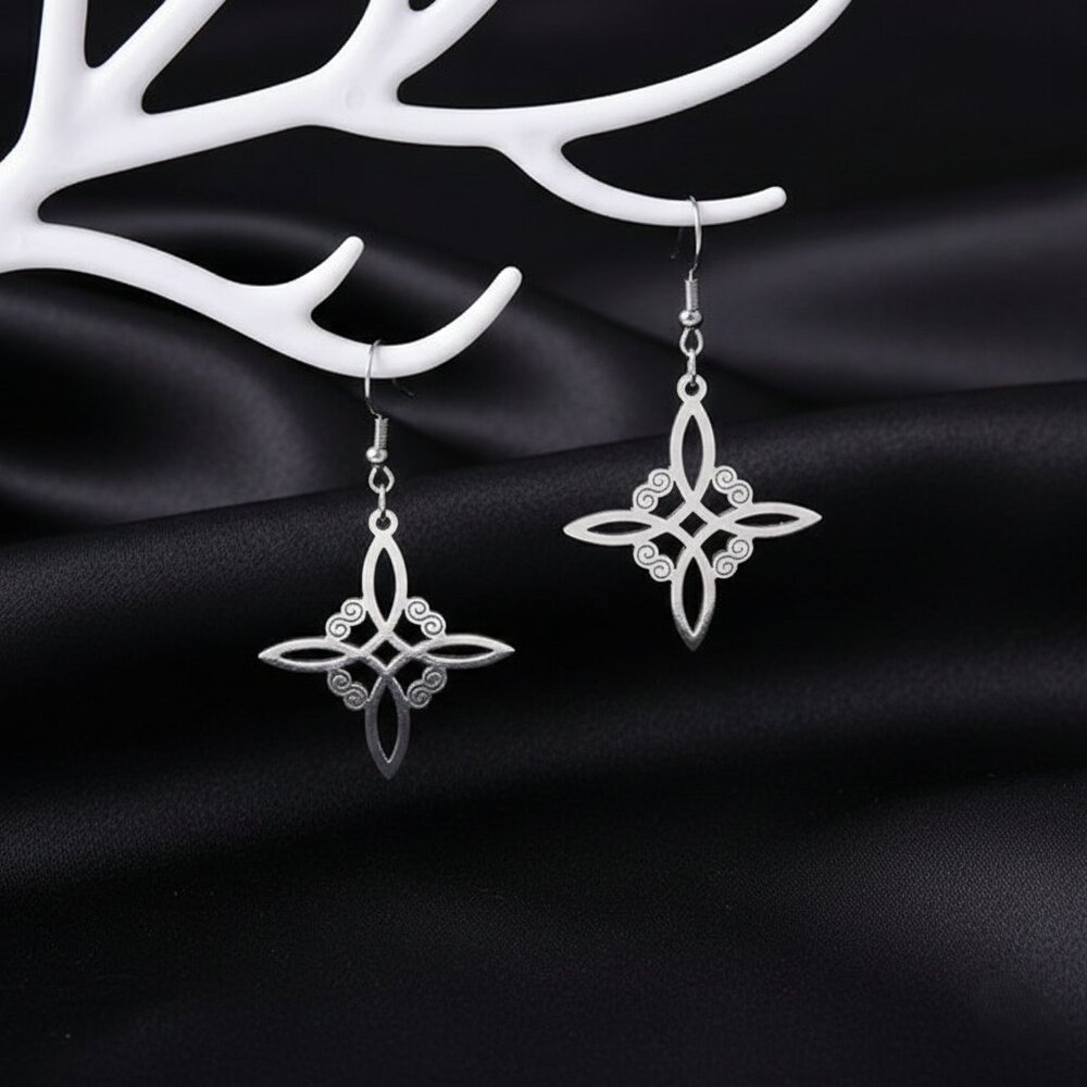 Witch Knot Silver Tone Dangle Earrings Stainless Steel Fashion NWOT - Picture 2 of 8
